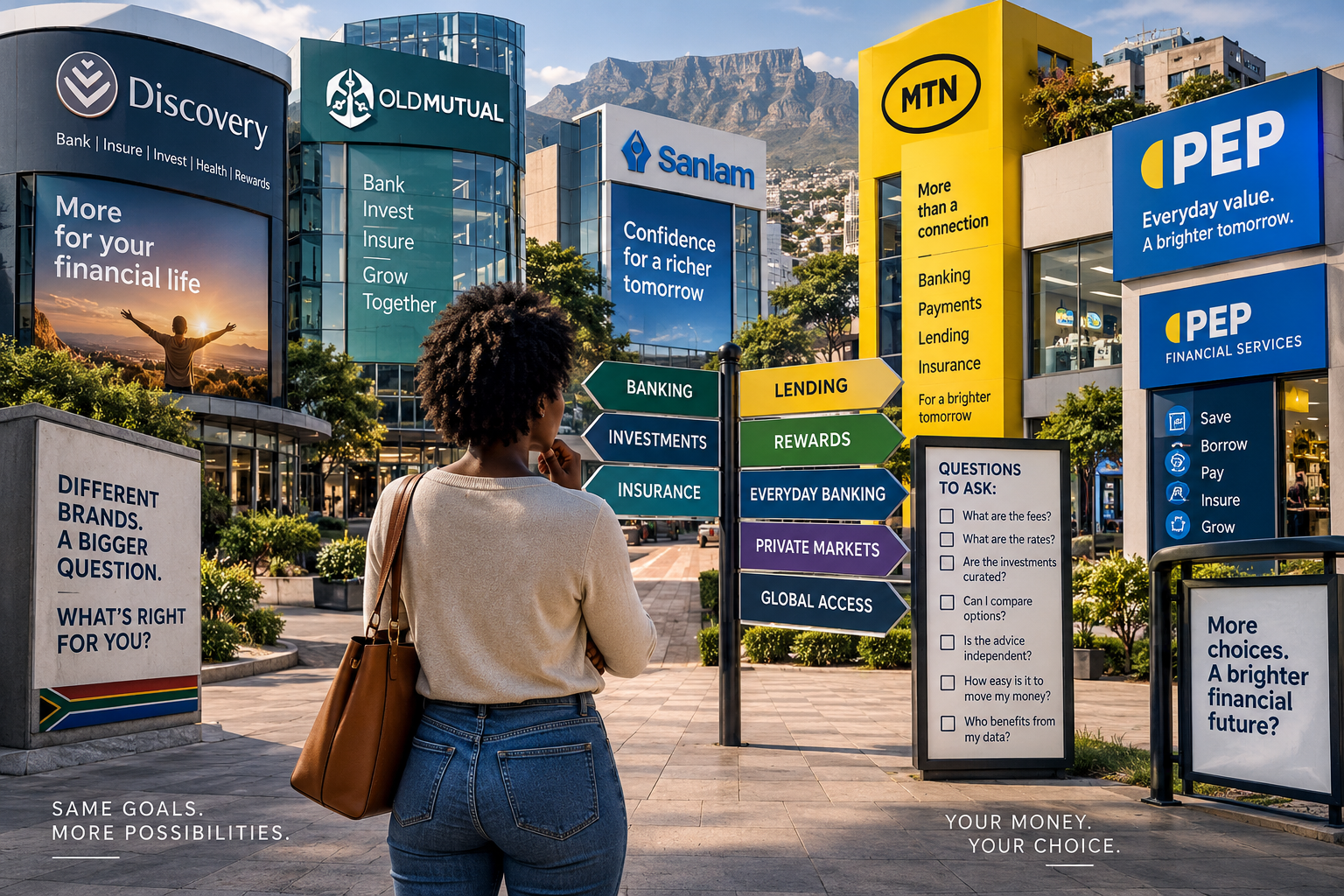 South African consumer comparing banking, investment and financial advice options on a smartphone