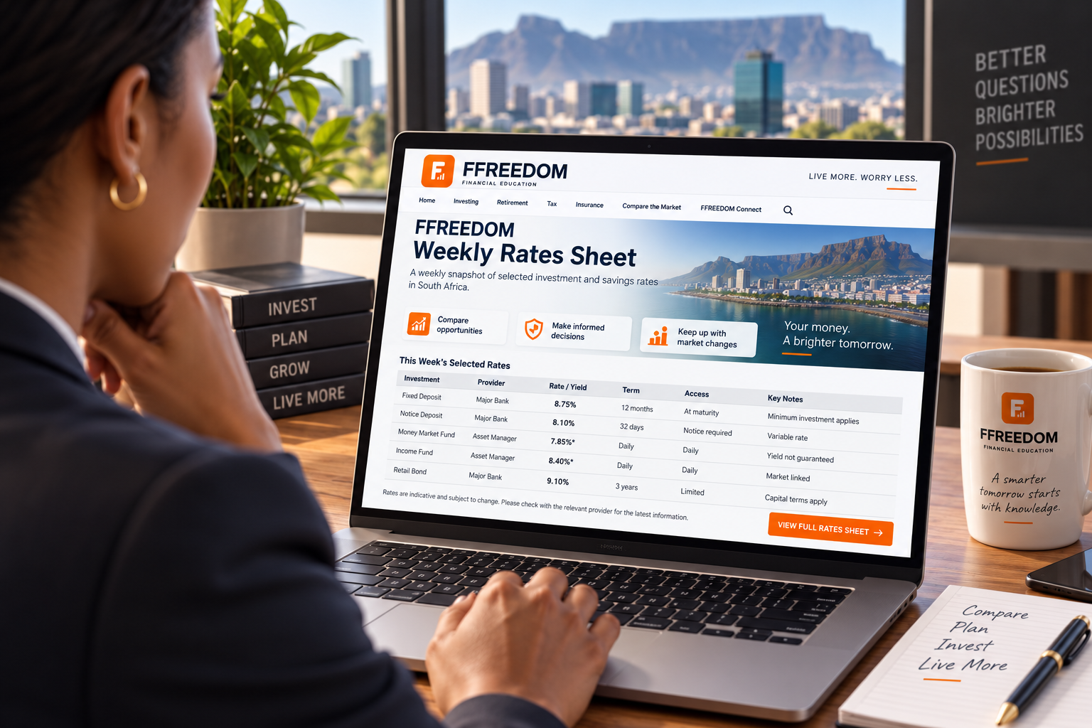 South African professional reviewing the best investment and savings rates on a laptop
