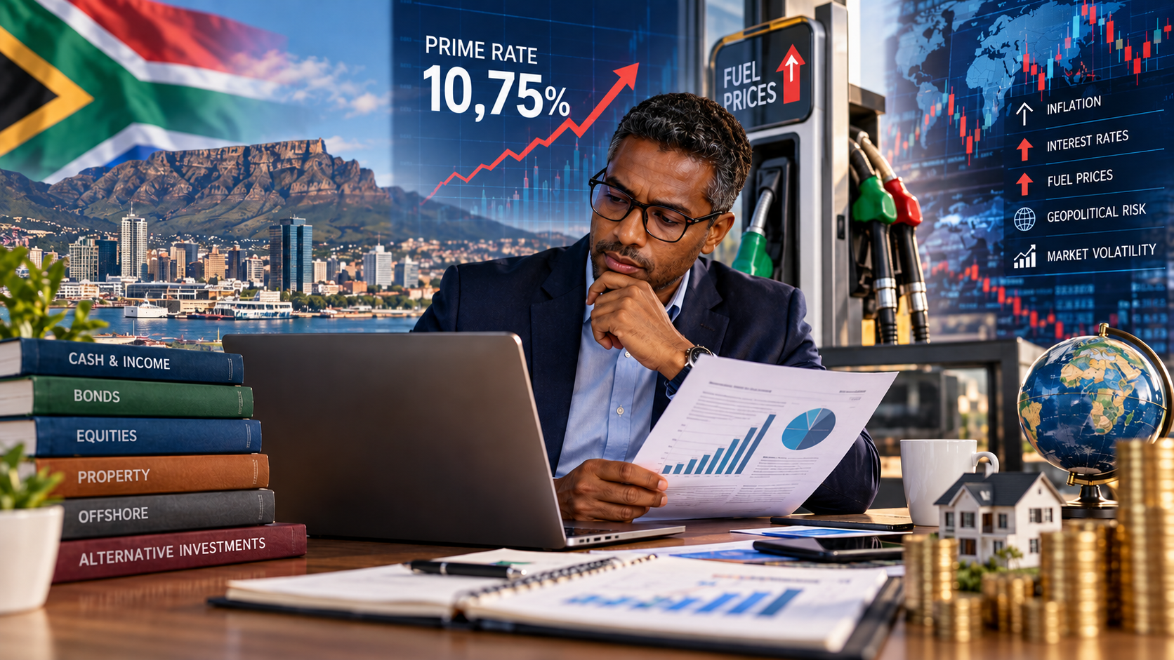 South African investor reviewing a diversified investment portfolio amid rising interest rates, higher fuel prices and market uncertainty.