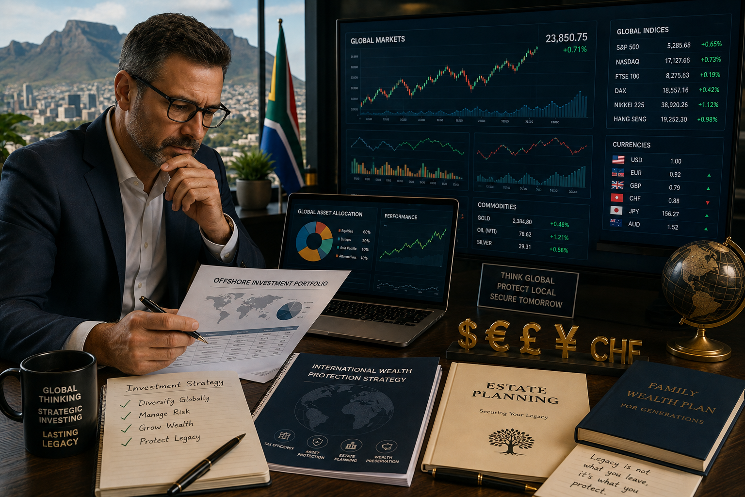 South African investor reviewing offshore investment portfolio with estate planning documents, global stock market charts and international wealth protection strategy.