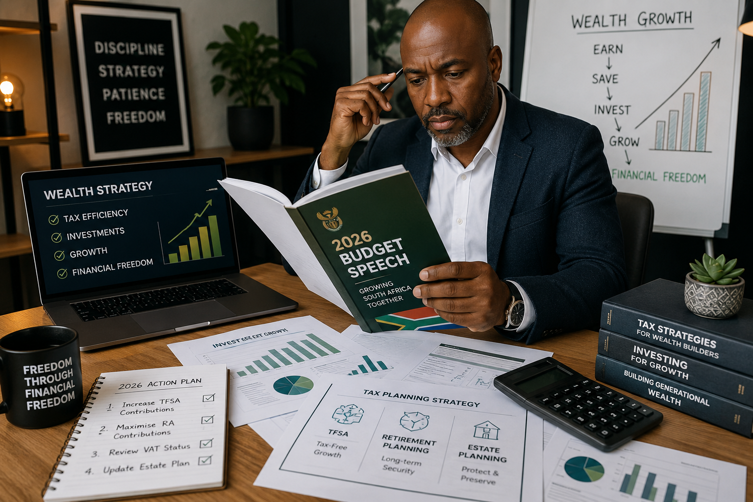 South African business owner reviewing the 2026 Budget Speech with investment charts, tax planning documents and wealth growth strategy.