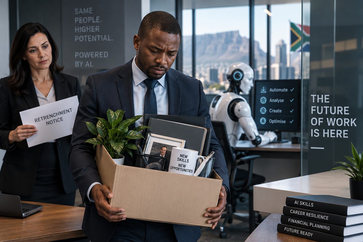 South African professional reviewing finances and retrenchment risk as AI reshapes the workplace