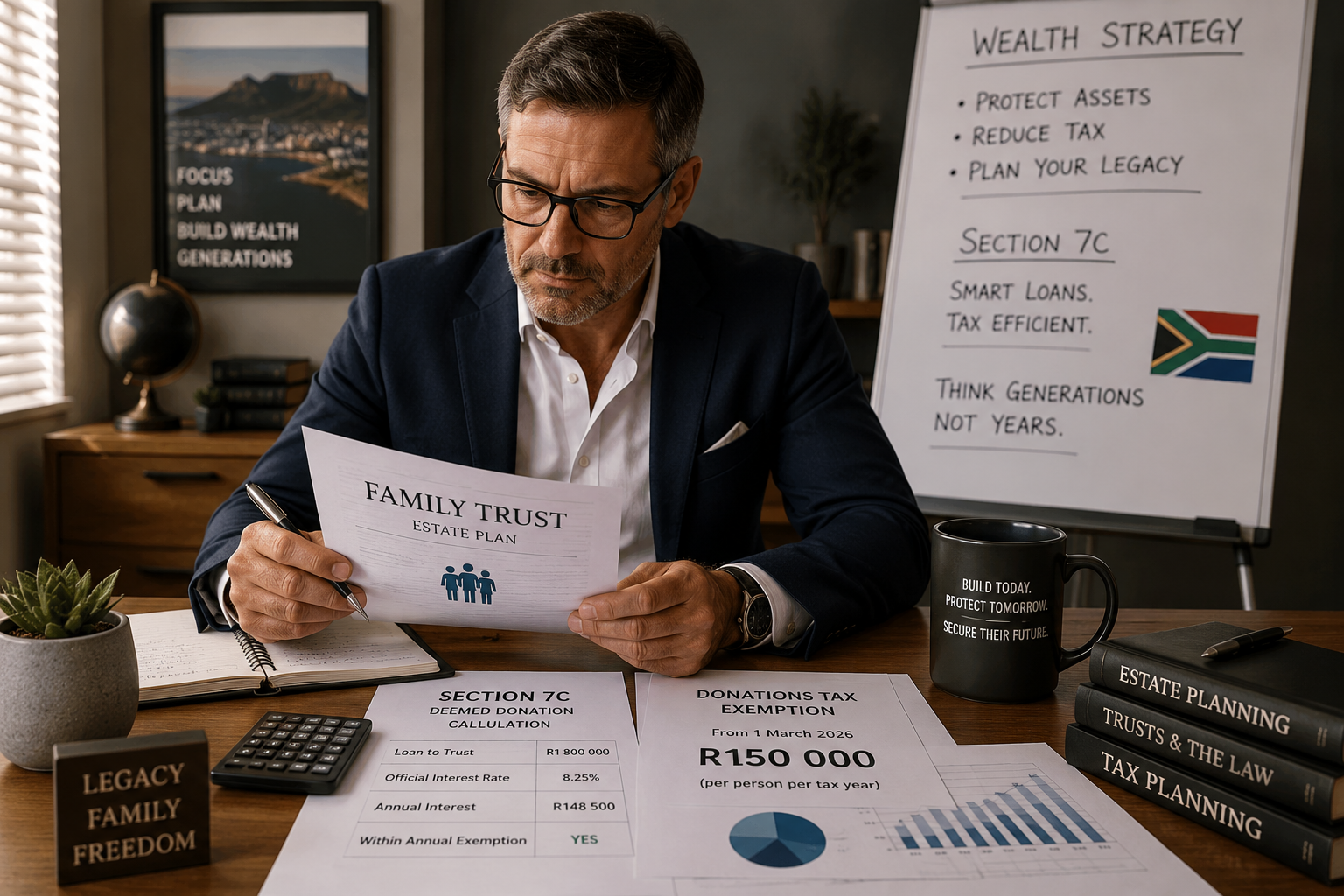 Business owner reviewing estate planning documents with a family trust and tax calculations in South Africa.