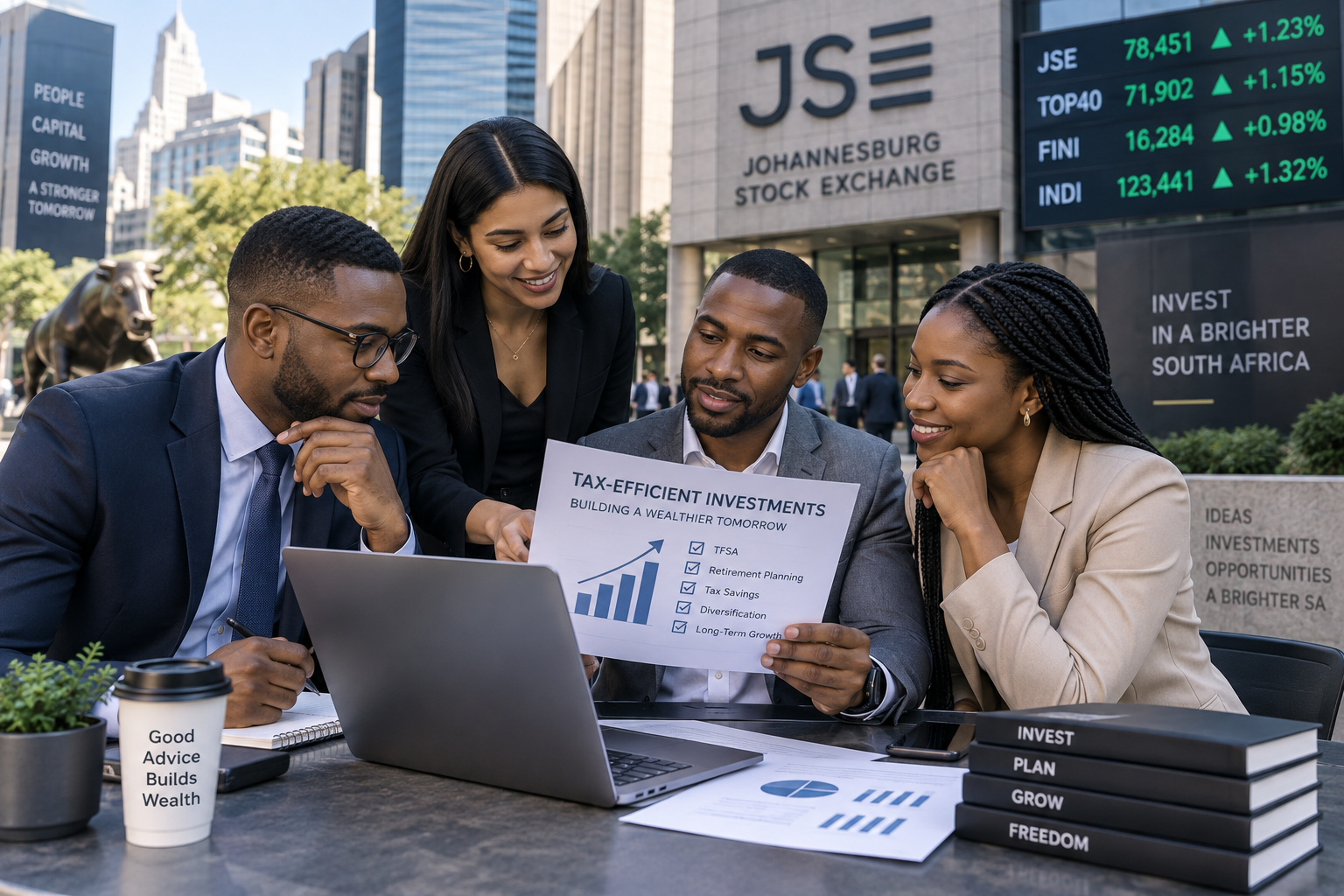 Group of young professional South African investor reviewing tax-efficient investments and wealth planning strategy near the JSE