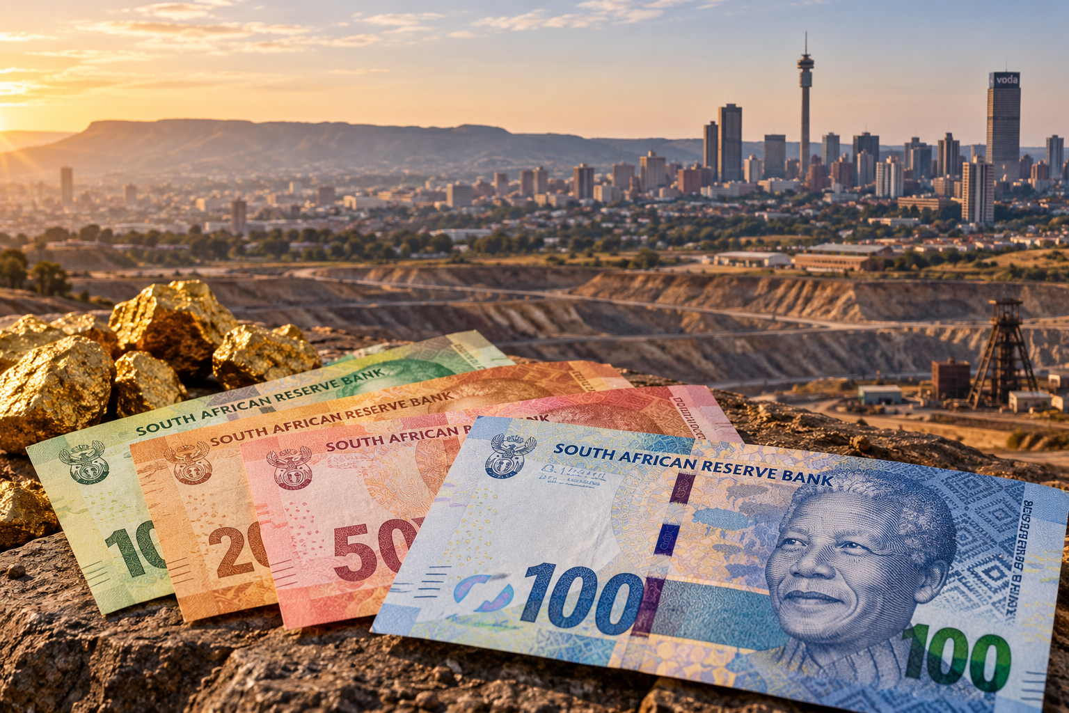South African rand banknotes with Johannesburg and the Witwatersrand goldfields in the background